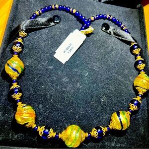 Vintage handmade Venetian glass bead Necklace 18” Blue and Gold.